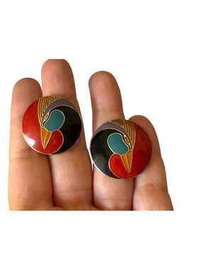 Vintage Laurel Burch HARLEQUIN BIRD Pierced Earrings 1 1/16"